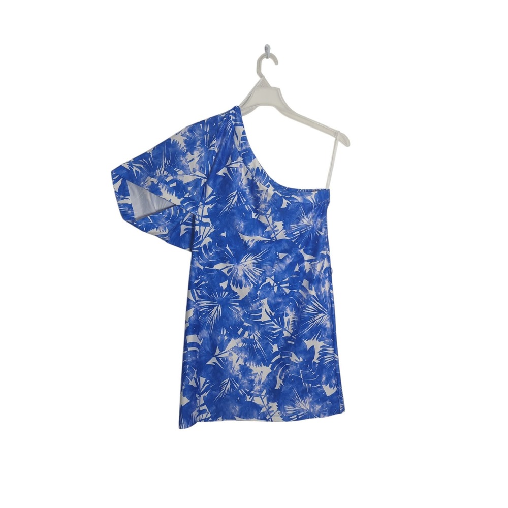 Trina Turk Womens Basque One Shoulder Dress Swim Cover Up Blue Tropical Small